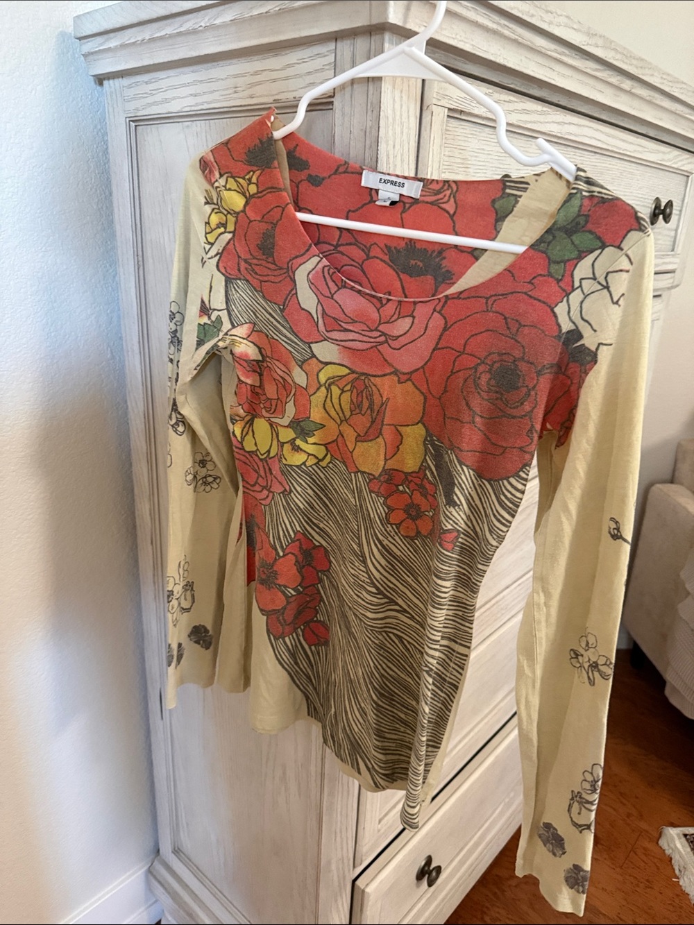 Express Beige Long Sleeve Floral Scoop Neck Top with Red & Yellow Blooms